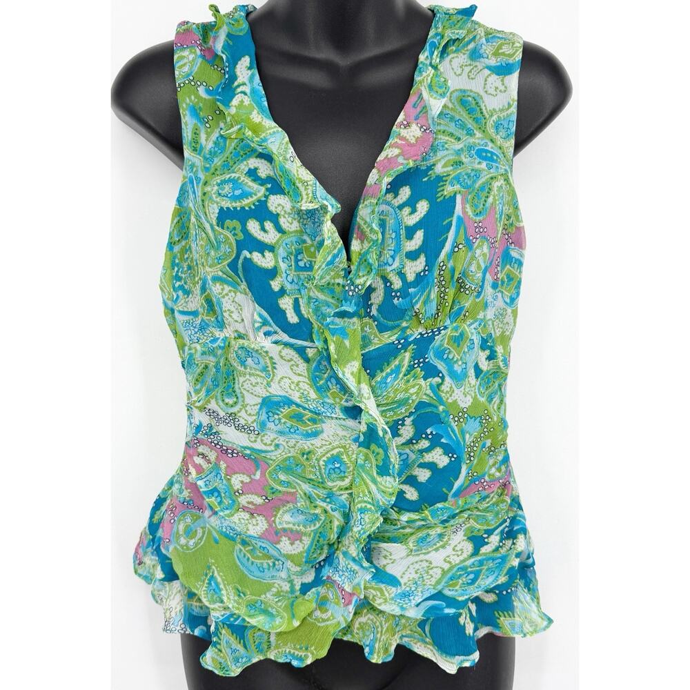 INC Silk Blue Paisley Ruffle Tank Top Blouse Womens Size 6 Sleeveless Flowy Y2K